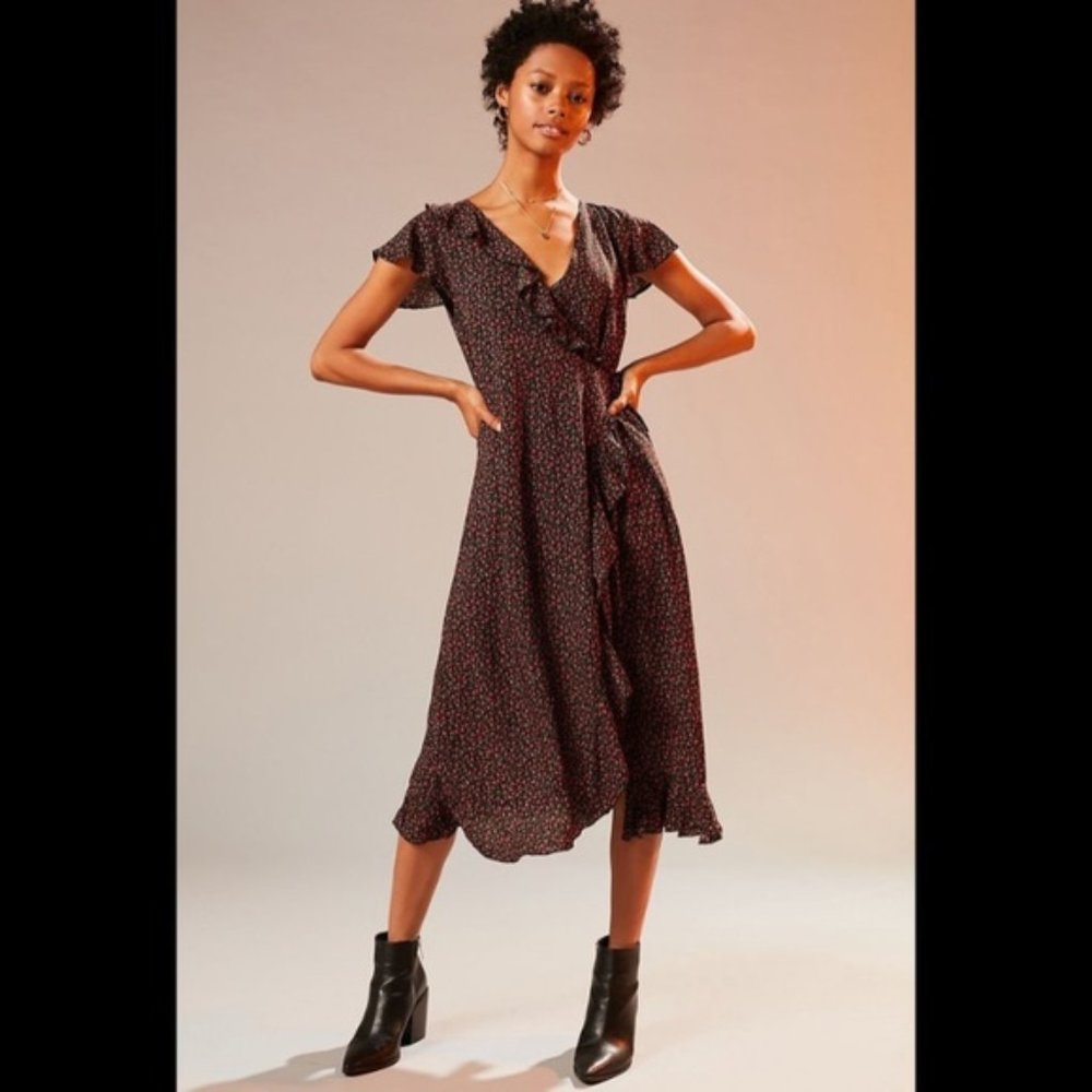 SOLD - Kimchi Blue Black Rose Wrap Dress w/ Ruffle Sleeve - Picture 2 of 6